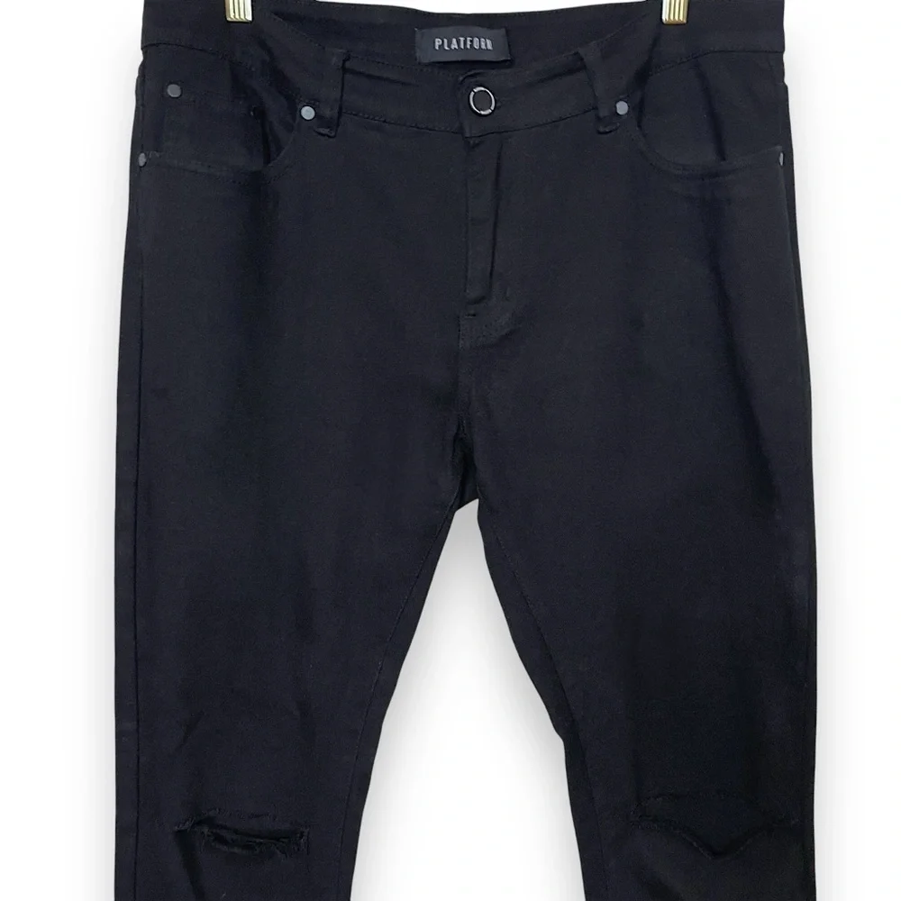 Platform Men’s Jeans 36/30 Modern Classic Slim Stretch Black Denim Ripped Knees